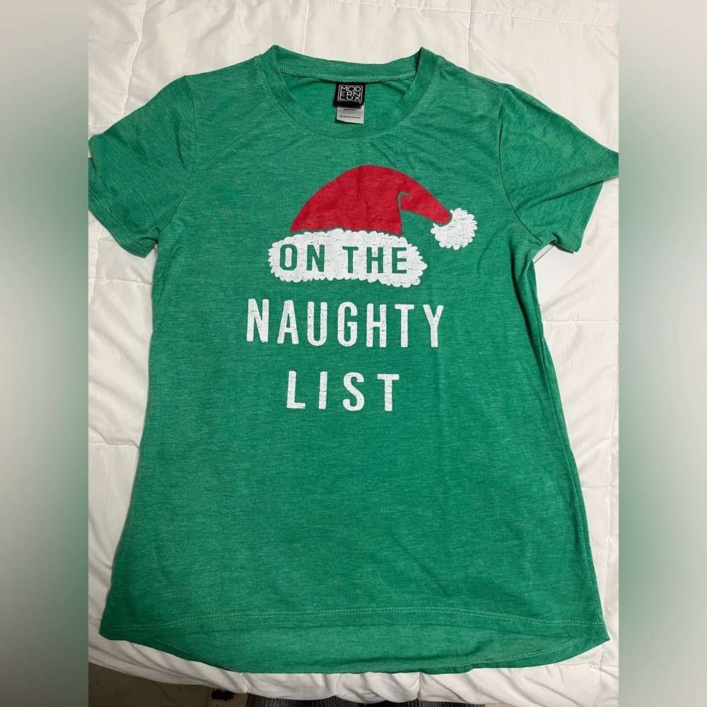 Holiday T-shirt On The Naughty List. Green. Size S